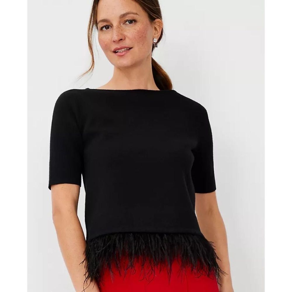 Ann Taylor Black Sweater with Feather Trim